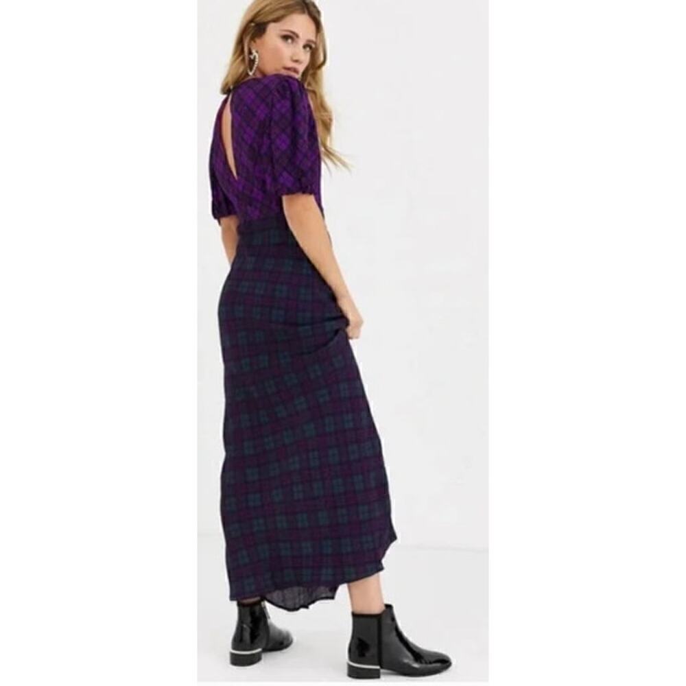 RAHI Cher Dress Short Puff Sleeve Keyhole Maxi Purple Green Mixed Plaid Medium - Picture 2 of 15